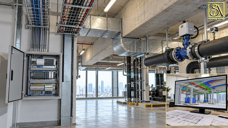 Tủ DDC và các tuyến cáp riêng biệt trong phòng kỹ thuật, kèm mô hình phối hợp MEP.